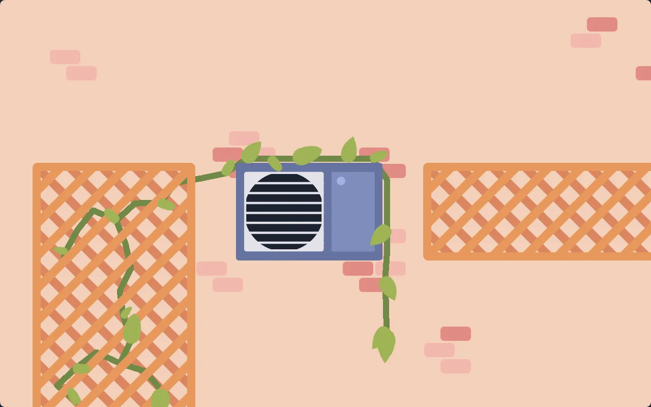 Screenshot of the game. It has a simple vector art style. Featuring a vine-like plant growing up several trellises on a wall and around an air conditioner unit.